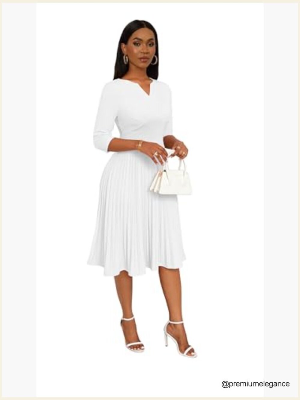 Midi Dress 3/4 Sleeve V-Neck A-Line Pleated Cocktail Wedding Guest - Picture 5 of 7